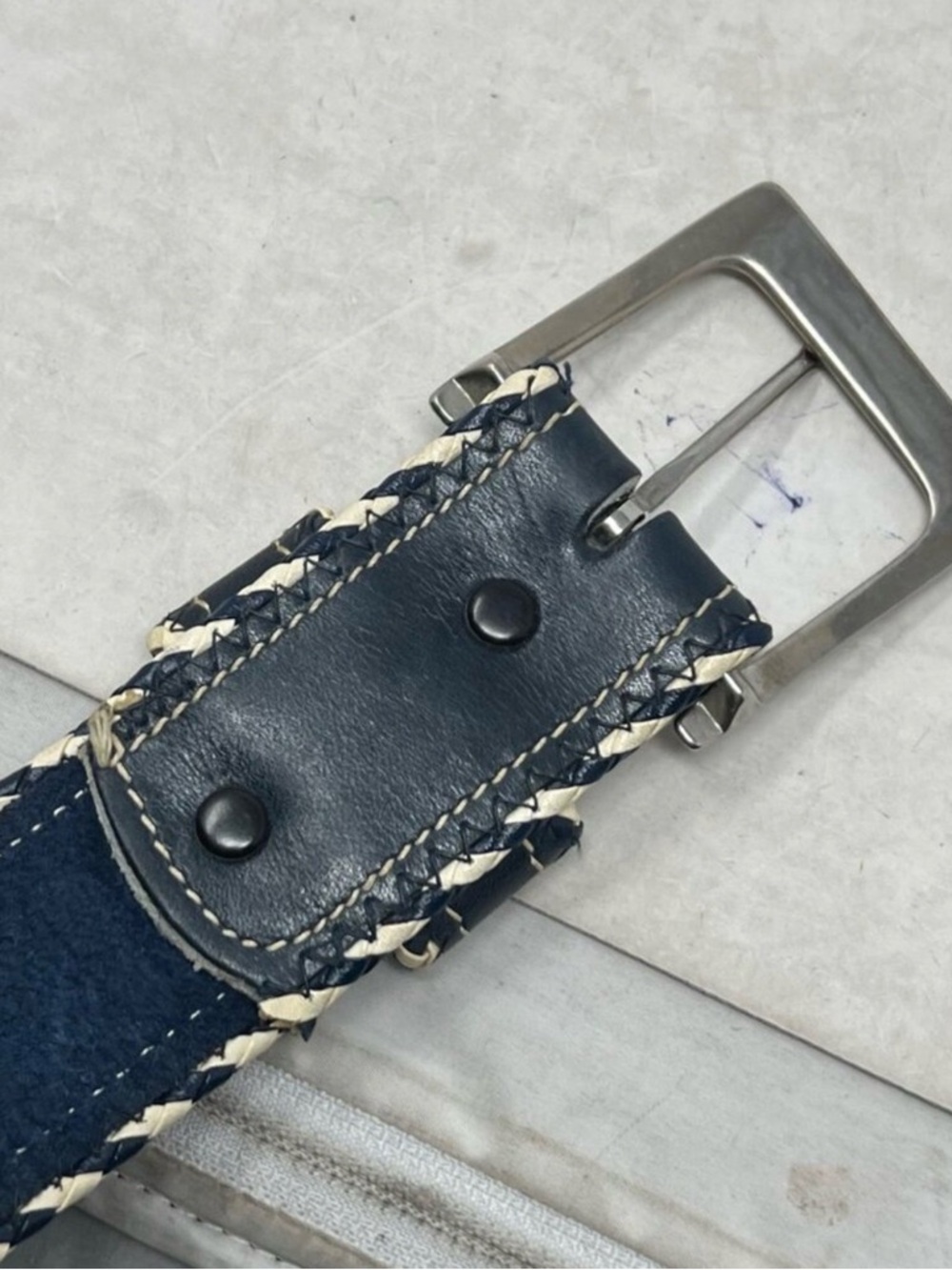 Naked Leather Belt Size 36 Blue White Silver Tone Buckle - Picture 4 of 6